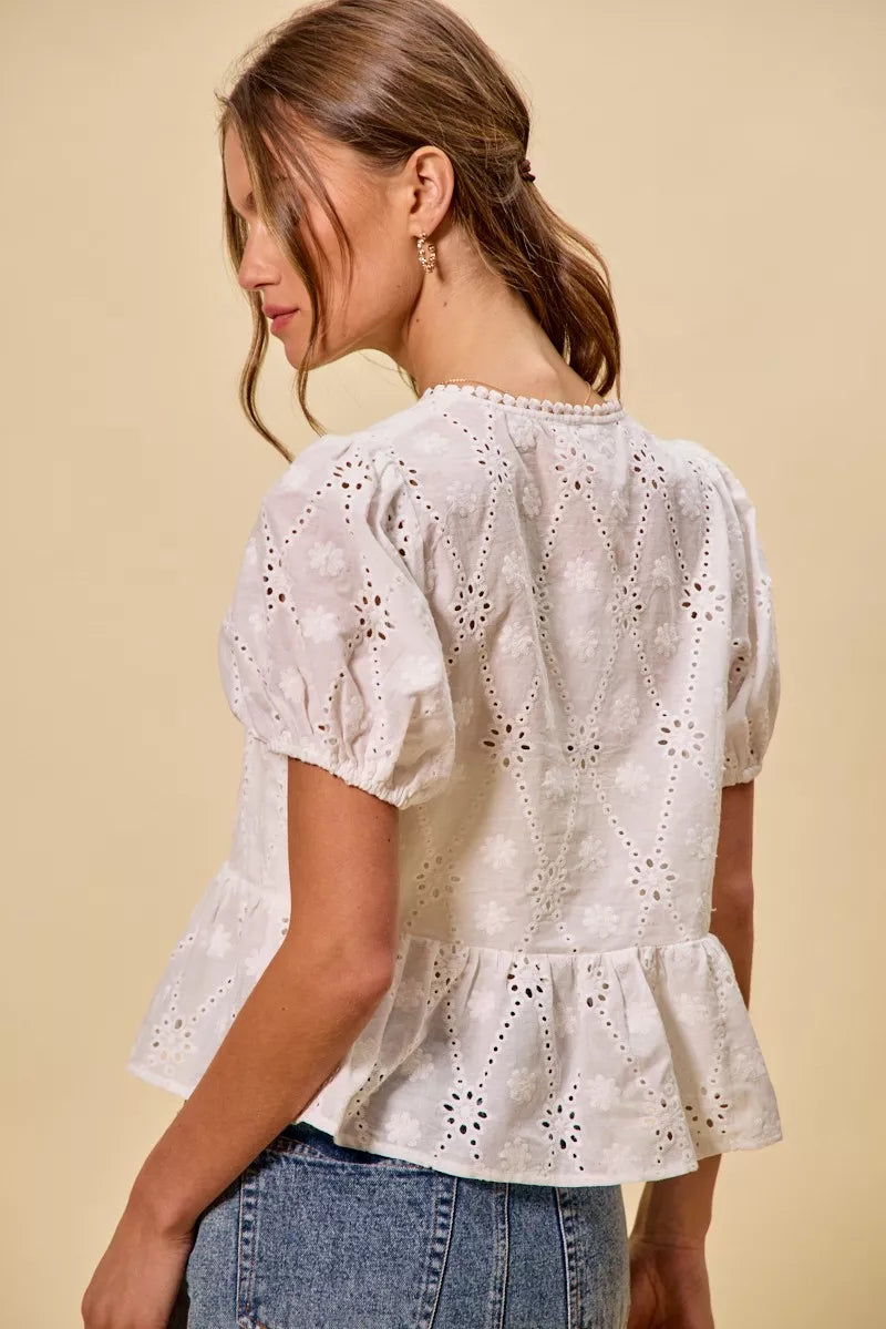 White Cotton Sunlit Eyelet Front-Tie Blouse-Reef Love