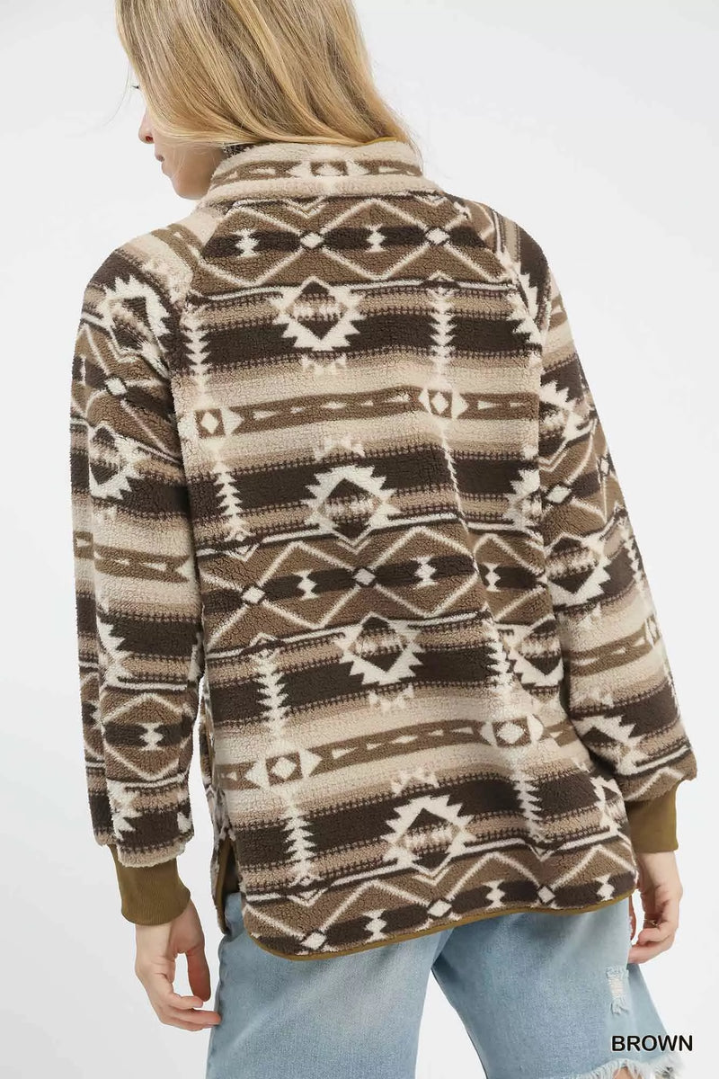 Aztec Print Sherpa Pullover, Brown-Reef Love