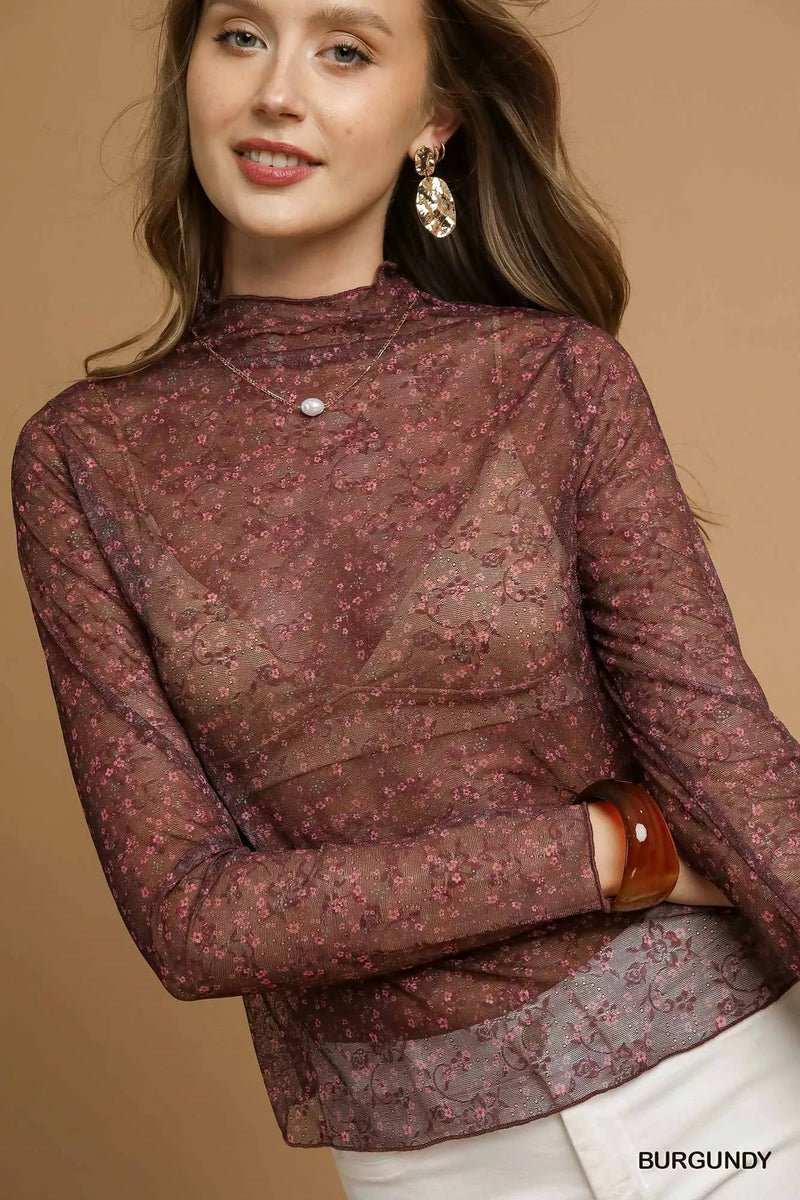 Burgundy Nylon Lace Mesh Long Sleeve Top