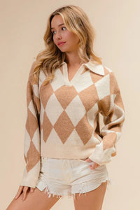 Shop Diamond Pattern Collared Notch Neck Sweater-Chic and cozy, the Diamond Pattern Collared Notch Neck Sweater, classic argyle design, soft knit fabric, timeless polo collar. Effortless everyday elegance.-Reef Love Boho-Chic Boutique