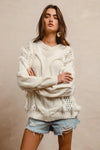 Faux Fur Detailed Pointelle Cable Knit Sweater-Reef Love