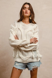 Faux Fur Detailed Pointelle Cable Knit Sweater-Reef Love
