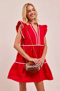 Gameday Ruffle Tier Mini Dress-Get gameday ready in this red tiered dress with contrast binding and ruffled details. A sporty-chic cotton favorite with playful details ready for football. -Reef Love Boutique