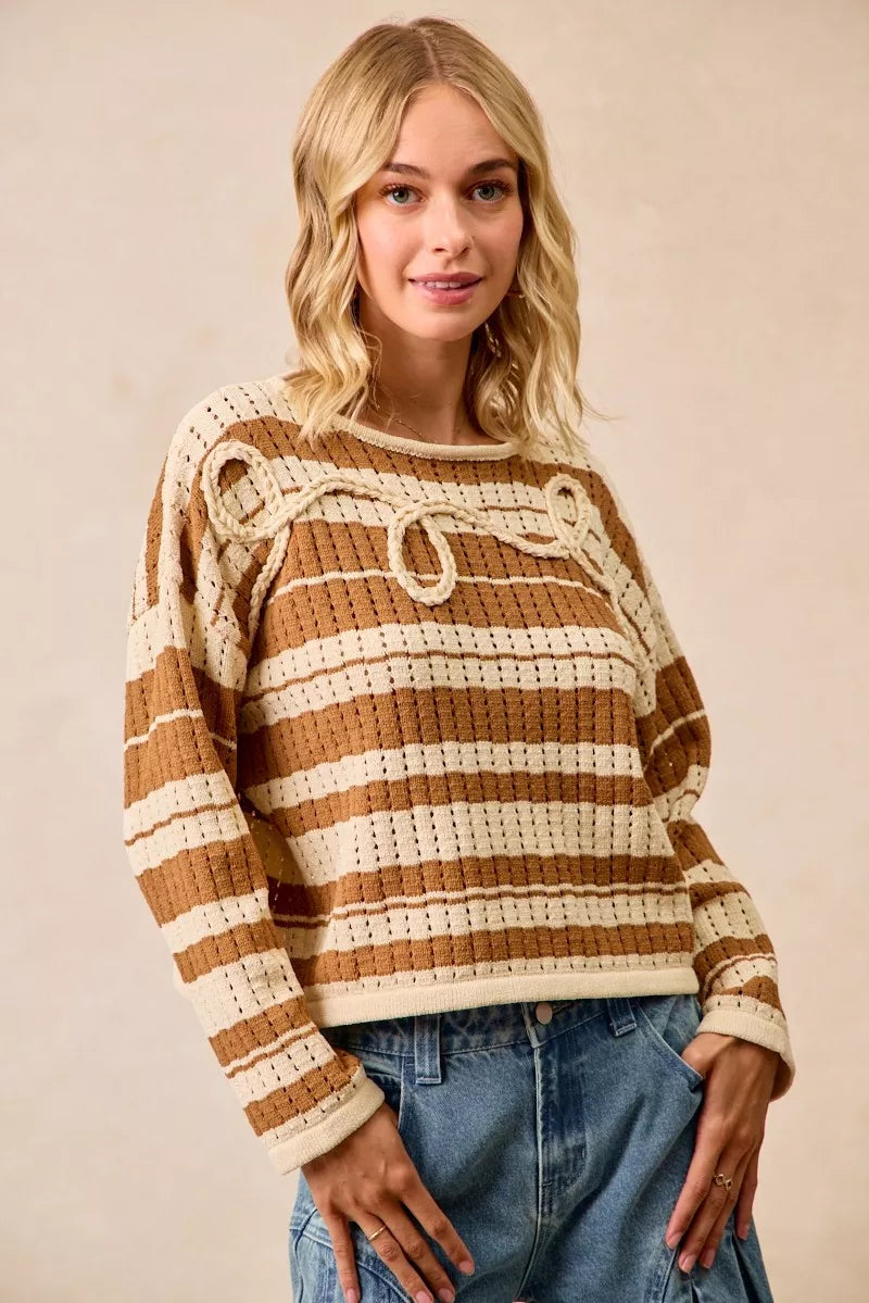 BiBi Striped Open Knit Sweater Top with Front Braided Detail-Trendsi-Reef Love