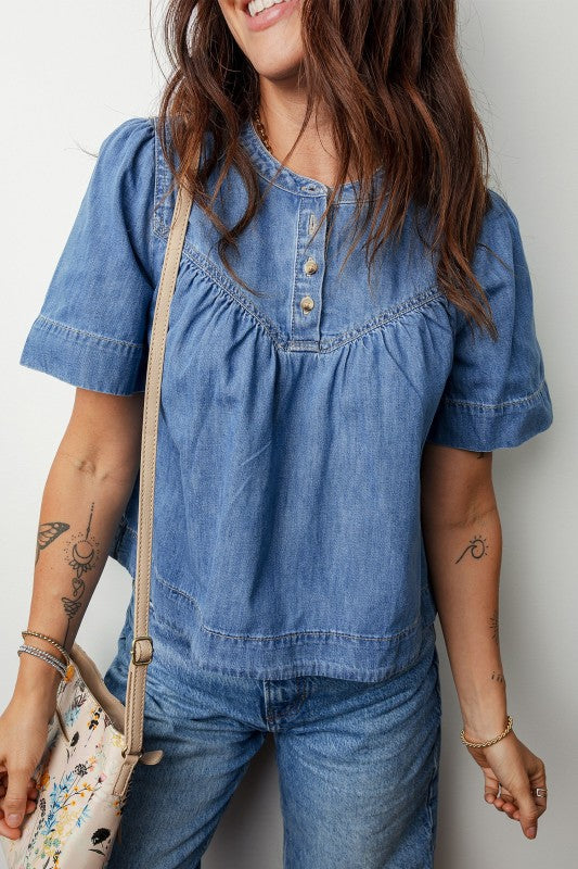 Denim Pleated Half Buttoned Short Sleeve Blouse-Blouse-Reef Love