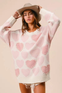 Heart Pattern Sweater with Pearl Detail-BiBi-Reef Love