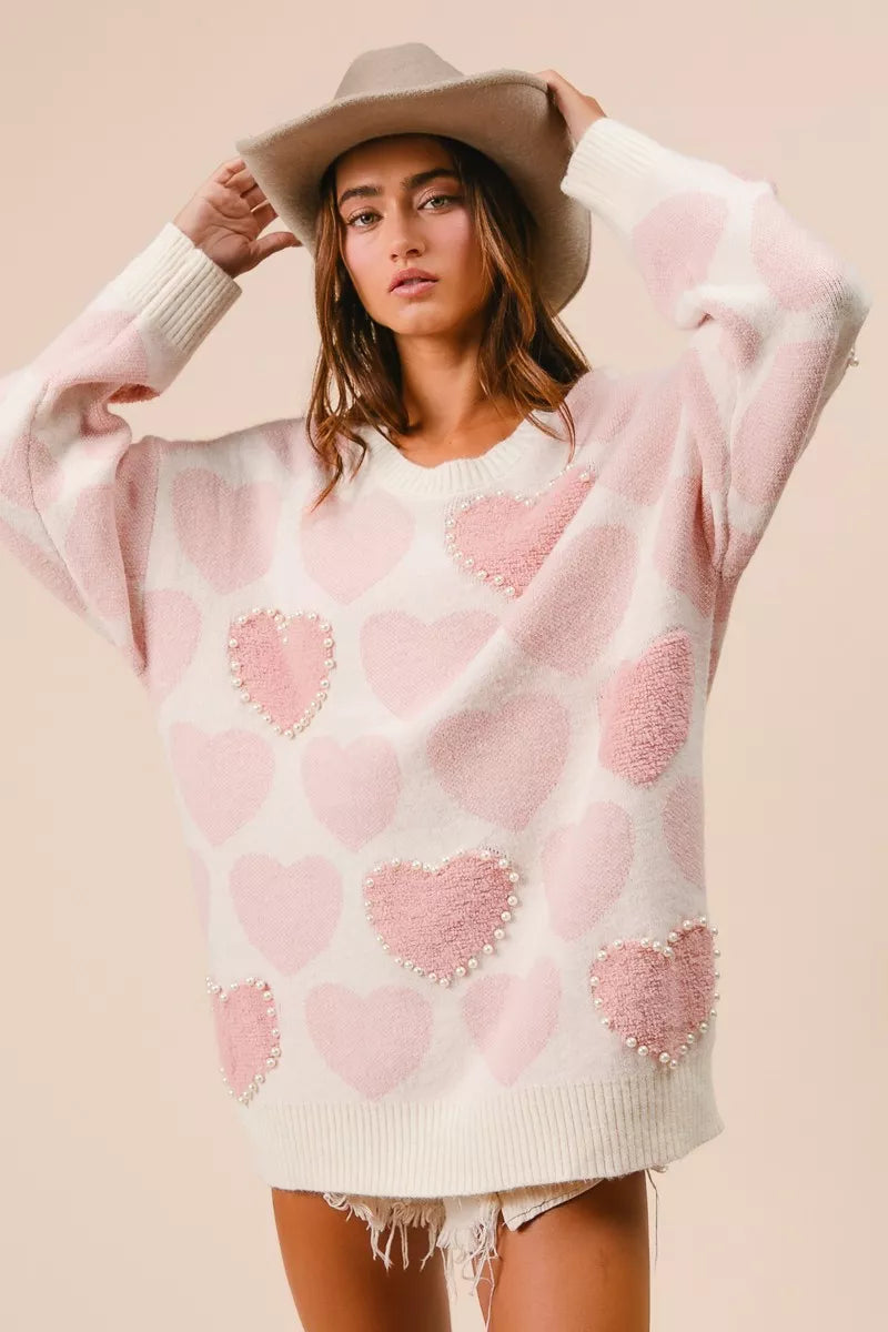 Heart Pattern Sweater with Pearl Detail-BiBi-Reef Love