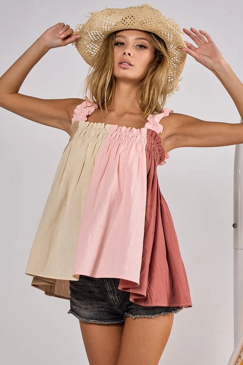 Frill Shoulder Strap Color Block Bodice Top-Reef Love