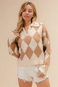 Shop Diamond Pattern Collared Notch Neck Sweater-Chic and cozy, the Diamond Pattern Collared Notch Neck Sweater, classic argyle design, soft knit fabric, timeless polo collar. Effortless everyday elegance.-Reef Love Boho-Chic Boutique