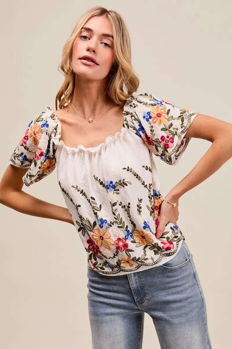 Floral Embroidered On Or Off The Shoulder Blouse-Floral embroidered blouse with on or off the shoulder styling. Feminine ruffles, colorful detailing, and soft rayon blend. A versatile wardrobe must-have.-Reef Love Boutique