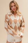Shop Diamond Pattern Collared Notch Neck Sweater-Chic and cozy, the Diamond Pattern Collared Notch Neck Sweater, classic argyle design, soft knit fabric, timeless polo collar. Effortless everyday elegance.-Reef Love Boho-Chic Boutique