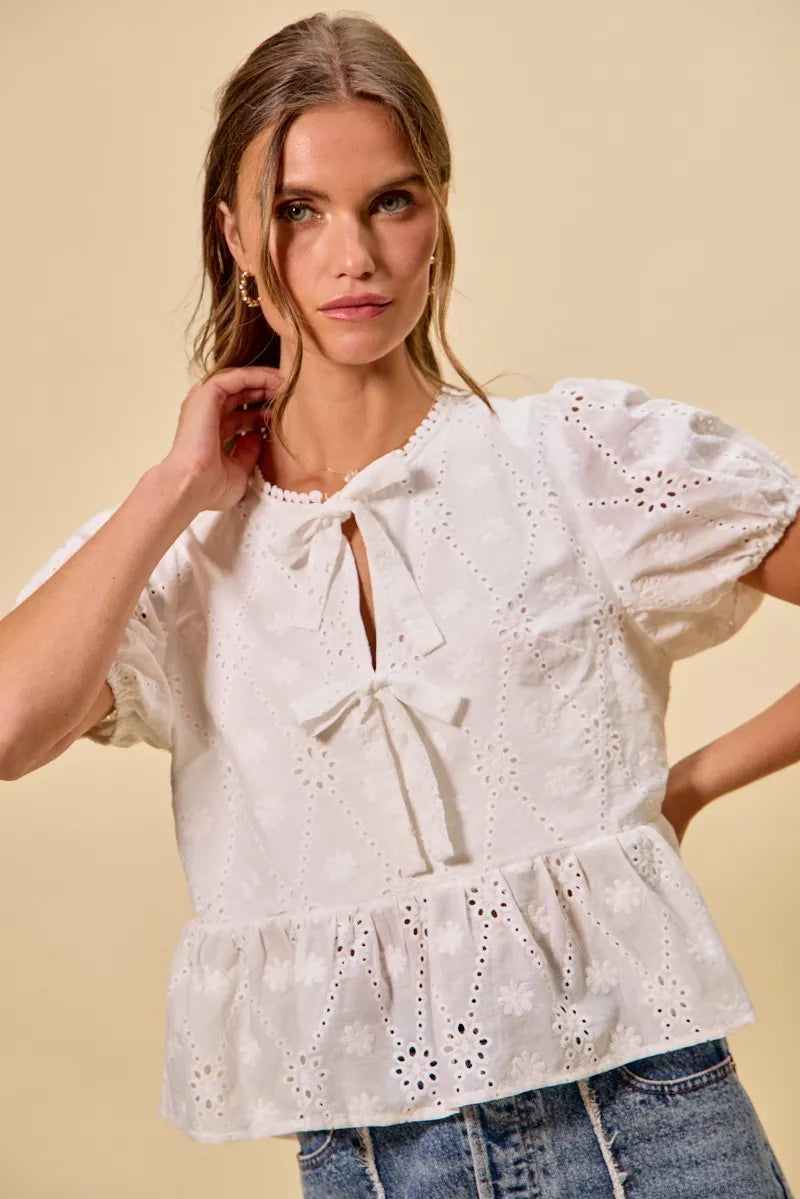 White Cotton Sunlit Eyelet Front-Tie Blouse-Reef Love