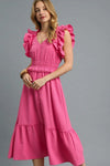 Woman wearing Hot Pink V-Neck Ruffled Cap Sleeve Midi Dress-Stunning midi dress with eye-catching ruffle shoulders and a flattering waist that accentuates your silhouette. Grest for brunch dates and garden parties.