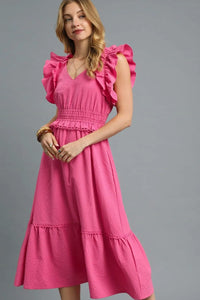 Woman wearing Hot Pink V-Neck Ruffled Cap Sleeve Midi Dress-Stunning midi dress with eye-catching ruffle shoulders and a flattering waist that accentuates your silhouette. Grest for brunch dates and garden parties.