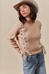 Checkered Plaid Tape Lace Up Sweater, Beige