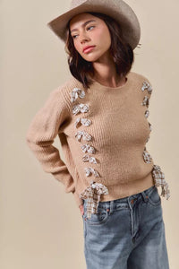 Checkered Plaid Tape Lace Up Sweater, Beige