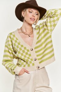 Contrast Checker & Stripes Sweater Cardigan-Jade By Jane-Reef Love