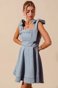 A Line Fit and Flare Diamond Bow Ribbon Denim Dres-This A-line fit and flare diamond bow ribbon denim dress is a charming and stylish choice for a variety of occasions. The fit and flare silhouette is flattering and versatile-Reef Love Boho-Chic Boutique