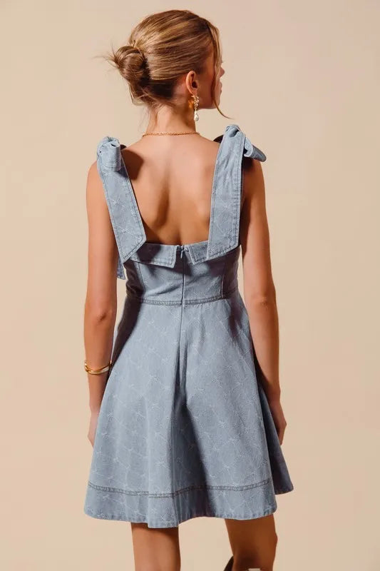 A Line Fit and Flare Diamond Bow Ribbon Denim Dres-This A-line fit and flare diamond bow ribbon denim dress is a charming and stylish choice for a variety of occasions. The fit and flare silhouette is flattering and versatile-Reef Love Boho-Chic Boutique