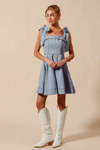 A Line Fit and Flare Diamond Bow Ribbon Denim Dres-This A-line fit and flare diamond bow ribbon denim dress is a charming and stylish choice for a variety of occasions. The fit and flare silhouette is flattering and versatile-Reef Love Boho-Chic Boutique