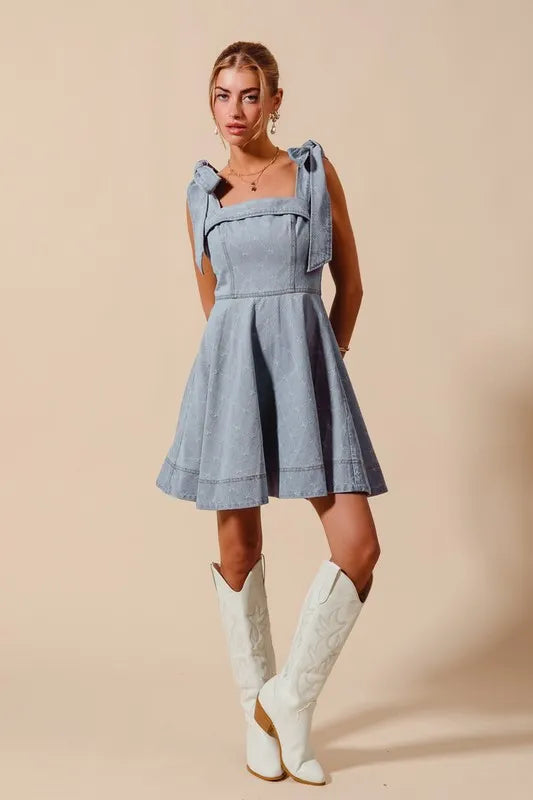 A Line Fit and Flare Diamond Bow Ribbon Denim Dres-This A-line fit and flare diamond bow ribbon denim dress is a charming and stylish choice for a variety of occasions. The fit and flare silhouette is flattering and versatile-Reef Love Boho-Chic Boutique