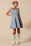 A Line Fit and Flare Diamond Bow Ribbon Denim Dres-This A-line fit and flare diamond bow ribbon denim dress is a charming and stylish choice for a variety of occasions. The fit and flare silhouette is flattering and versatile-Reef Love Boho-Chic Boutique