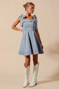 A Line Fit and Flare Diamond Bow Ribbon Denim Dres-This A-line fit and flare diamond bow ribbon denim dress is a charming and stylish choice for a variety of occasions. The fit and flare silhouette is flattering and versatile-Reef Love Boho-Chic Boutique