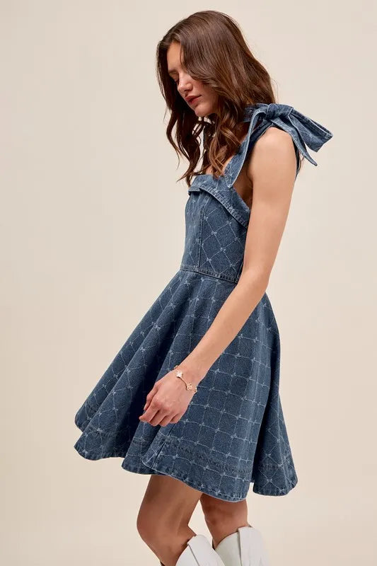 A-Line Fit and Flare Diamond Bow Ribbon Denim Dress-This A-line fit and flare diamond bow ribbon denim dress is a charming and stylish choice for a variety of occasions with diamond bow ribbon detail.-Reef Love Boho-Chic Boutique