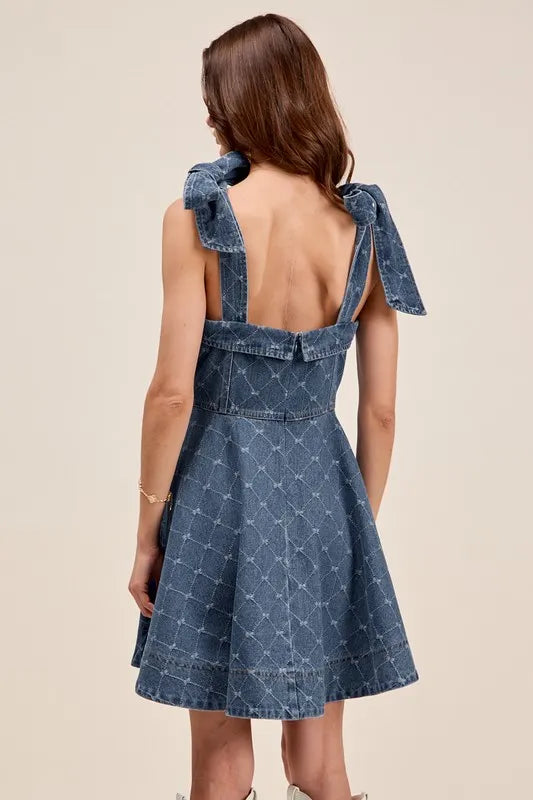A-Line Fit and Flare Diamond Bow Ribbon Denim Dress-This A-line fit and flare diamond bow ribbon denim dress is a charming and stylish choice for a variety of occasions with diamond bow ribbon detail.-Reef Love Boho-Chic Boutique