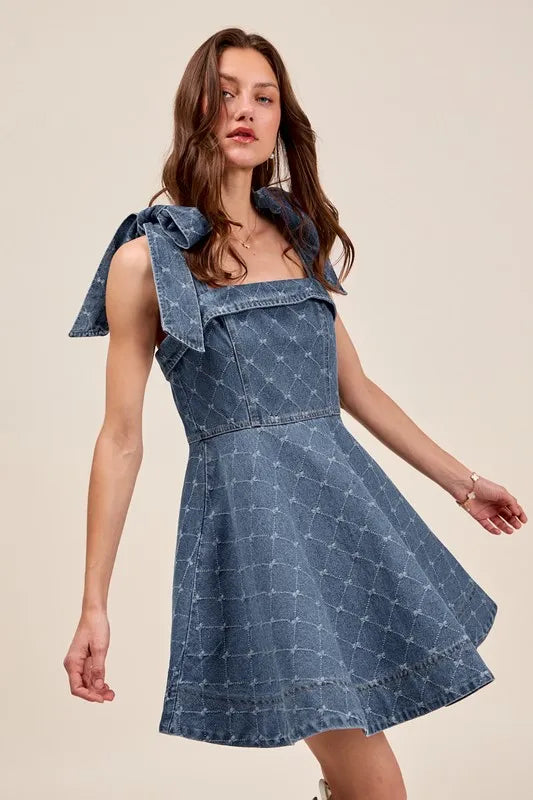 A-Line Fit and Flare Diamond Bow Ribbon Denim Dress-This A-line fit and flare diamond bow ribbon denim dress is a charming and stylish choice for a variety of occasions with diamond bow ribbon detail.-Reef Love Boho-Chic Boutique