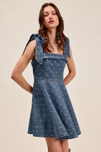 A-Line Fit and Flare Diamond Bow Ribbon Denim Dress-This A-line fit and flare diamond bow ribbon denim dress is a charming and stylish choice for a variety of occasions with diamond bow ribbon detail.-Reef Love Boho-Chic Boutique