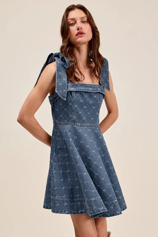 A-Line Fit and Flare Diamond Bow Ribbon Denim Dress-This A-line fit and flare diamond bow ribbon denim dress is a charming and stylish choice for a variety of occasions with diamond bow ribbon detail.-Reef Love Boho-Chic Boutique