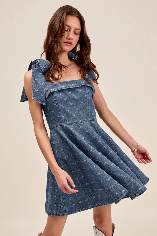 A-Line Fit and Flare Diamond Bow Ribbon Denim Dress-This A-line fit and flare diamond bow ribbon denim dress is a charming and stylish choice for a variety of occasions with diamond bow ribbon detail.-Reef Love Boho-Chic Boutique