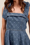 A-Line Fit and Flare Diamond Bow Ribbon Denim Dress-This A-line fit and flare diamond bow ribbon denim dress is a charming and stylish choice for a variety of occasions with diamond bow ribbon detail.-Reef Love Boho-Chic Boutique