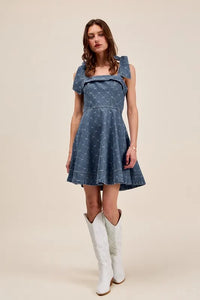 A-Line Fit and Flare Diamond Bow Ribbon Denim Dress-This A-line fit and flare diamond bow ribbon denim dress is a charming and stylish choice for a variety of occasions with diamond bow ribbon detail.-Reef Love Boho-Chic Boutique