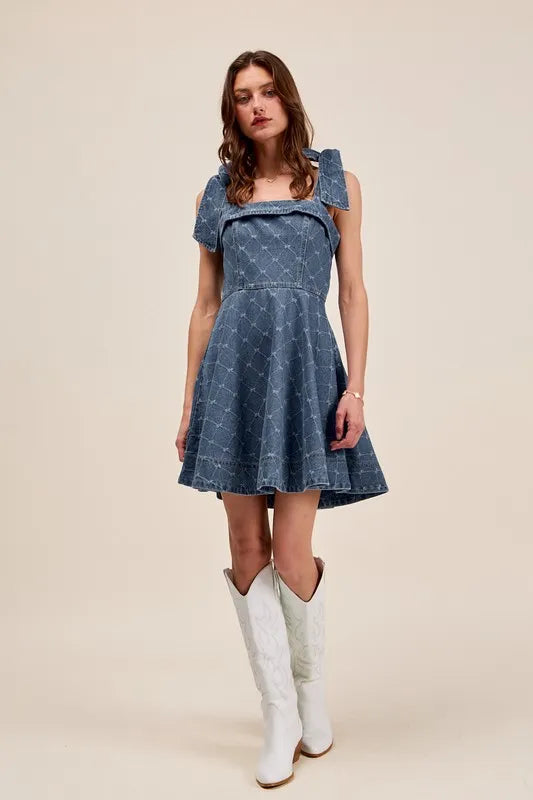 A-Line Fit and Flare Diamond Bow Ribbon Denim Dress-This A-line fit and flare diamond bow ribbon denim dress is a charming and stylish choice for a variety of occasions with diamond bow ribbon detail.-Reef Love Boho-Chic Boutique