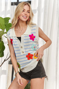 ADORA Short Sleeveless Flower Top, Blue Stripe-Knit Top-Reef Love