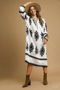 Abstract Medallion Print Midi Dress-Turn heads with this abstract medallion print midi dress featuring a modern black-on-off-white design, soft stretch fabric, and versatile styling for any occasion.-Reef Love Boho-Chic Boutique