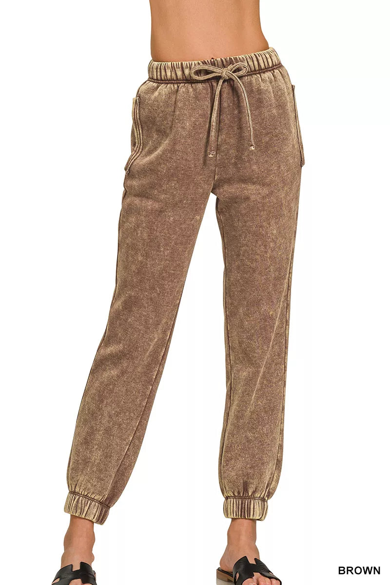 Acid Wash Fleece Sweatpants with Pockets, Brown