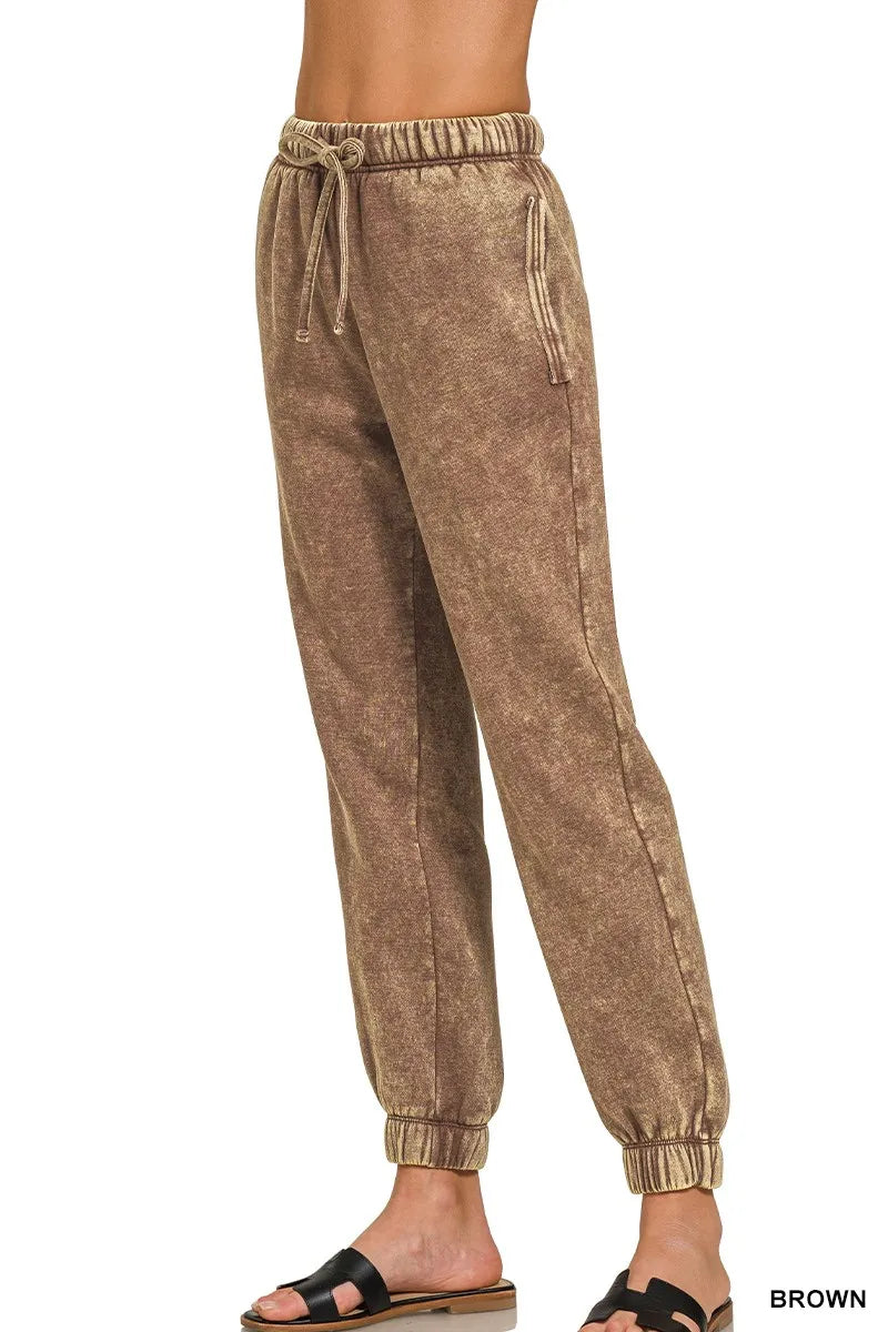 Acid Wash Fleece Sweatpants with Pockets, Brown