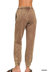 Acid Wash Fleece Sweatpants with Pockets, Brown