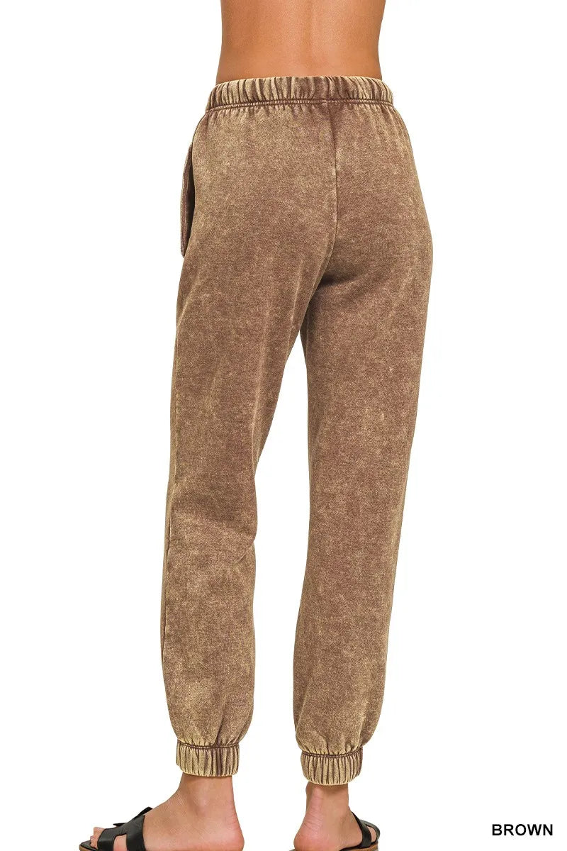 Acid Wash Fleece Sweatpants with Pockets, Brown