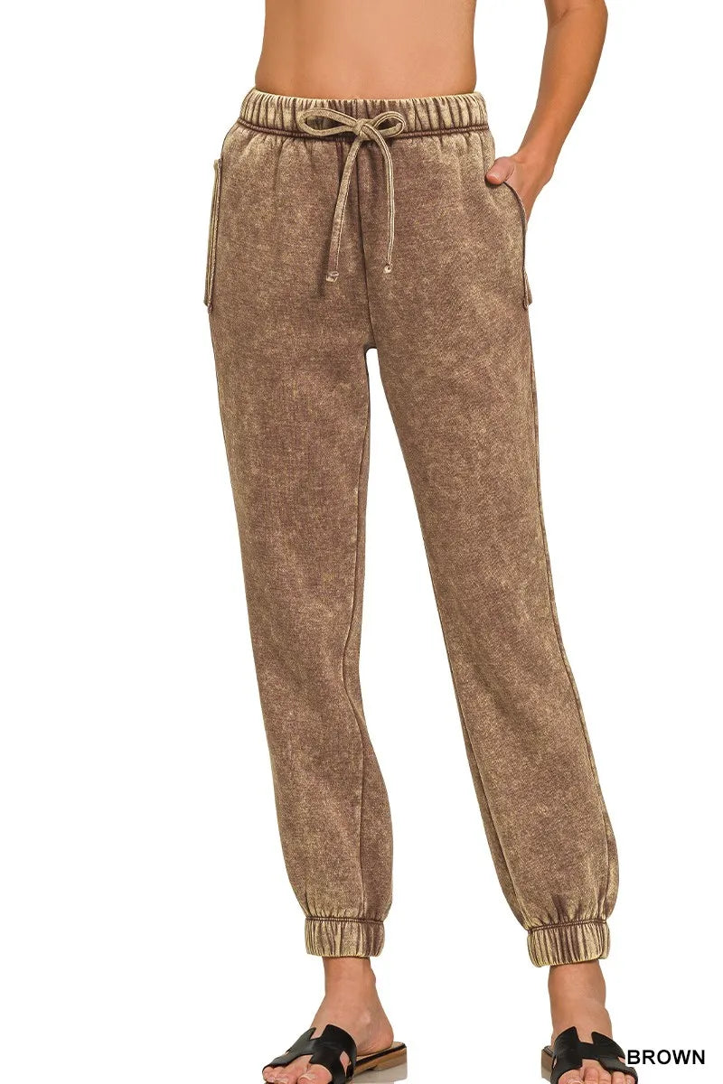 Acid Wash Fleece Sweatpants with Pockets, Brown