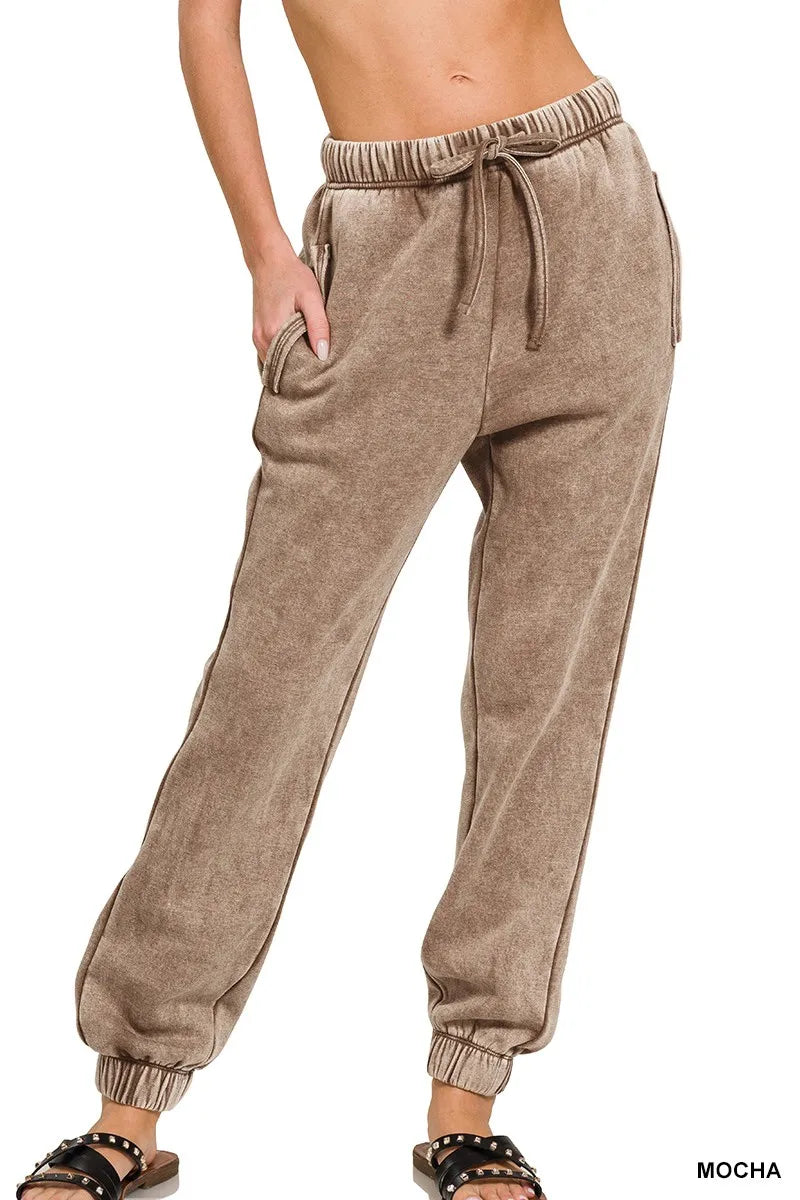Acid Wash Fleece Sweatpants with Pockets, Mocha