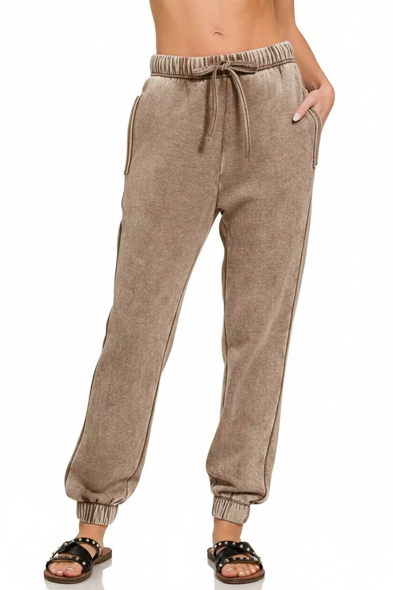 Acid Wash Fleece Sweatpants with Pockets, Mocha
