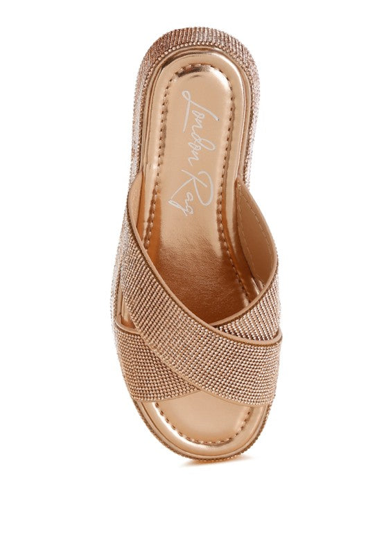 Adena Rhinestone Embellished Flatform Sandals-Adena rhinestone flatform sandals by London Rag. Sparkling slip-on sandals with 2" platform heel, cushioned comfort & crisscross rhinestone straps.