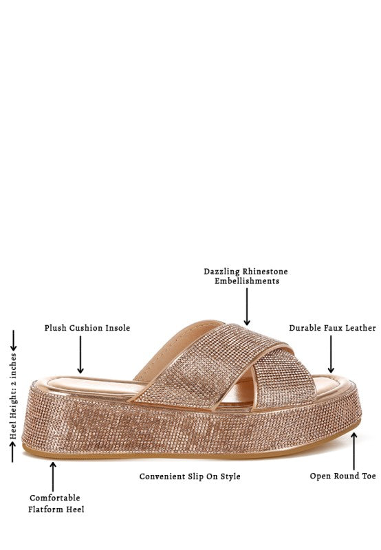 Adena Rhinestone Embellished Flatform Sandals-Adena rhinestone flatform sandals by London Rag. Sparkling slip-on sandals with 2" platform heel, cushioned comfort & crisscross rhinestone straps.