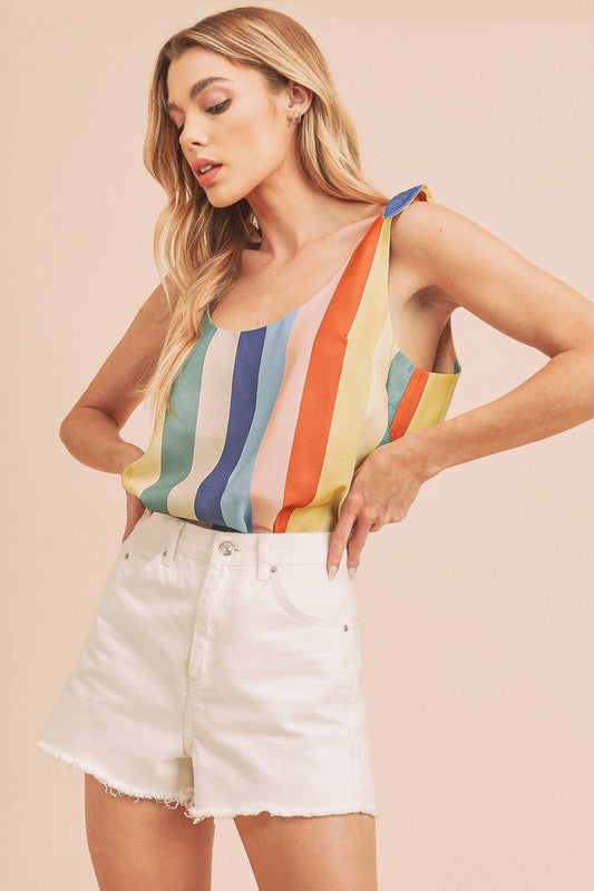 Aemi + Co Contrast Striped Scoop Neck Tie Shoulder Tank
