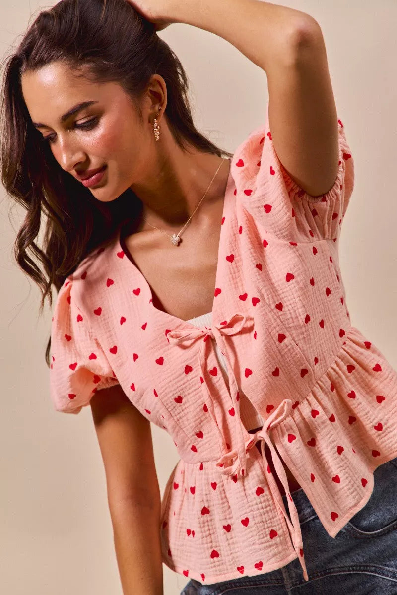 All Over Heart Ribbon Tie Baby Doll Valentine Blouse