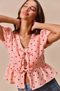 All Over Heart Ribbon Tie Baby Doll Valentine Blouse